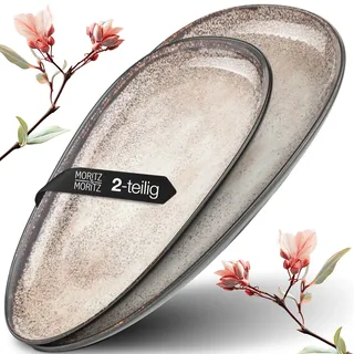 Moritz & Moritz VIDA Servierteller Set Beige - 2x Große Teller aus hochwertigem Porzellan, Modern & Zeitlos, Mikrowellen- & Spülmaschinengeeignet - Perfekt für Salate, Grillfleisch, Snacks & mehr