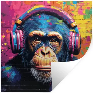MuchoWow Wandtattoo Graffiti - Schimpanse - Straßenkunst - Kopfhörer - Affe 50x50 cm , Kunststoff , 50x50x0.1 cm , Tapeten & Wandverkleidungen, Wandtattoos & Sticker