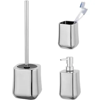 Schöner Wohnen Kollektion Keram.Bad-Acc.Set Mod. Adine 3tlg Bad-Accessoire Set aus Keramik mit Seifenspender Zahnputzbecher und WC-Garnitur Farbe Chrom Maße 11x38,5 cm
