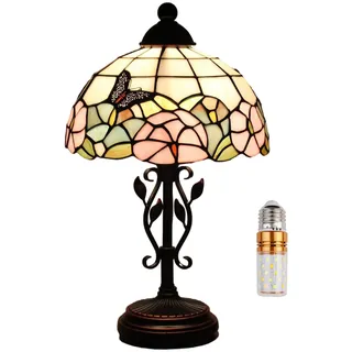 Kinbolas Tischlampe im Tiffany Stil,Vintage Nachttischlampe Schlafzimmer Deko Lampe,Jugendstil Tischleuchte,Butterfly buntglas lampenschirm 25cm / 10 Zoll,Harz-Basis mit Kabel und E27 LED Birne(B)