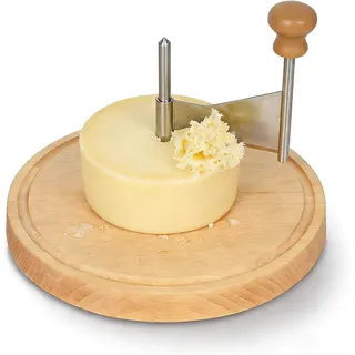 Käsehobel Rund, Runder Holzkäseschliffer, Käseschaber für Tete de Moine Käse Käseschneider Maße: ø 19.5 cm x 14.3 cm, Käseschneider mit Edelstahlklinge und Holzsockel, für alle Käsesorten