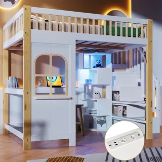 Merax Etagenbett Hochbett 140x200cm mit LED, Fensterform, Schreibtisch, Stauraum, Regale, Steckdose, Kinderbett Jugendbett, Stockbett, Weiß+Natur - Weiß