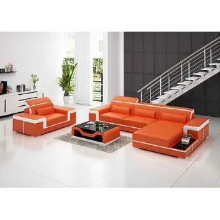 Wohnlandschaft Ecksofa L-Form Sessel Set Modern 2tlg - Orange, Weiß
