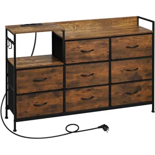 WOLTU Kommode mit 8 Schubladen aus Stoff, mit Steckdosen | Kommodenschrank für Schlafzimmer Wohnzimmer Flur, aus Metallrahmen Holzwerkstoff, Vintage-Holzoptik+Schwarz