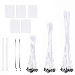 Carehabi 109 Stück Kerzendochte Set für Kerzenherstellung Kerzendocht (10/15/20 cm) Rauchfrei Dochte für Kerzen DIY Kerzen Zubehör Inkl. Dochthalter, Zentrierhilfen und Klebeplättchen