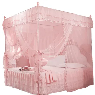 Culnflun Betthimmel, Moskitonetz Bett für Mädchen, Luxus-Prinzessin-Quarterposten-Bettvorhänge Bettgesims luxuriöse Spitze 3-türiges Netzgewebe Dekoration für Mädchenzimmer (Rosa 150 * 200 * 200cm)