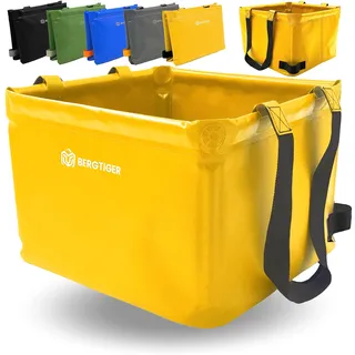 BERGTIGER® Faltschüssel Camping 18/22/26L mit EXTRA GRIFF I Faltbare Outdoor Spülschüssel & Spülwanne I Waschschüssel faltbar zum Abwaschen I robustes Camping Zubehör (Sonnengelb/Schwarz - 22 Liter)