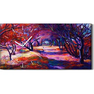 Leinwand Wanduhr Wandkunst Uhr 60x30 Foto Wandbild Landschafts Wälder Pfad - weiße Hände - Rot
