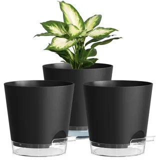 Homeuouz 3er Set Selbstbewässerungstopf – 15cm Blumentöpfe in Matter Optik, selbstwässernder Blumentopf mit Bewässerungssystem, für Balkon & Innenbereich, Schwarz mit klarem Untersetzer