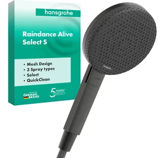 Hansgrohe Raindance Alive Select S Handbrause mit 3 Strahlarten (inkl. PowderRain), runde Duschbrause (125 mm), Brausekopf mit Antikalk-Funktion, Brushed Black Chrome, 24500340