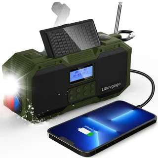 Libovgogo DF-588D Tragbares DAB+ UKW Radio mit wasserdichtem Bluetooth-Lautsprecher, Kurbelradio mit Handyladefunktion Solar, 4000mAh Powerbank, Taschenlampe, Stroboskoplicht, Leselicht,Wecker, SOS
