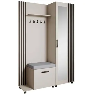 Garderoben-Set LIVIA Links Kaschmir – Garderobenschrank mit Spiegel, Aufhängern, Schuhschrank mit grauem Sitzkissen, Lamellen in Schwarz, Hochschrank - Beige, Schwarz