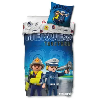 Skybrands Playmobil Bettwäsche-Set Polizei & Feuerwehr für Kinder - Wendebettwäsche 135x200 + 80x80 cm - Blau/Bunt - 100% Baumwolle Renforcé - Hochwertiges Jungen Geschenk PM003-B