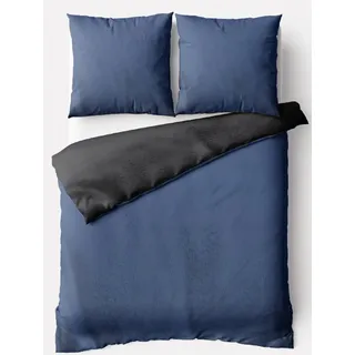 Teddyplüsch Bettwäscheset 155x220 cm Dunkelblau Anthrazit Einfarbig Winter Kuschelig mit Reißverschluss - Dunkelblau