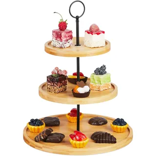 Relaxdays Etagere, 3 Etagen, Bambus, Kuchen, Snacks, Obst, Metallgriff, Servierständer, HxD: 36 x 28 cm, Natur/schwarz