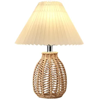 YIKEGE LICHT Tischlampe Boho Lampe Vintage Rattan Stehlampe Beige Nachttischlampe Weiß Stoff Lampenschirm Nachtischlampe Modern Landhaus Table Lamp für Wohnzimmer Schlafzimmer Nachttisch Tisch Deko