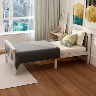 Sweiko 90 x 200 cm Einzelbett Holzbett Gästebett Klassische Betten Jugendbetten mit Lattenrost und Kopfteil, Massivem Kiefernholz, Weiß - Weiß