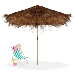 Relaxdays Hawaii Sonnenschirm, Strandschirm HxØ: 250 x 160 cm, handgefertigt, Holz & Palmenblatt, wetterbeständig, braun