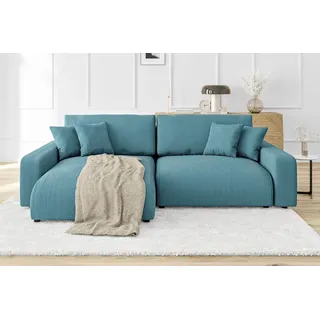 S-STYLE MÖBEL - Emma Ecksofa mit Schlaffunktion und Bettkasten in Cord-Stoff schöner Sitzkomfort, Ottomane links, B/T/H: 234 cm / 170 cm / 78 cm - Türkis