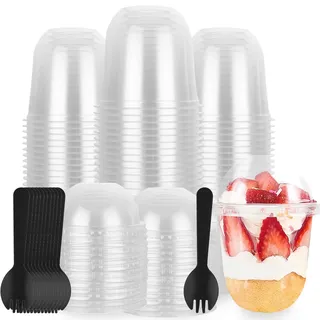 ASelected 100er-Set Plastik Dessertschalen mit Deckel und Löffeln 360ML Dessertschalen Plastik mit Deckel Dessertbecher für Mousse Pudding Eiscreme Dessert Party