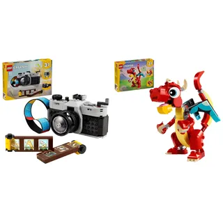 LEGO Creator 3in1 Retro Kamera Spielzeug mit 3 Modellen für Mädchen und Jungen & Creator 3in1 Roter Drache, Spielzeug mit 3 Tierfiguren