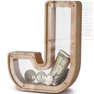 DBPBToU Spardose Kinder, Sparschwein Kinder, Buchstaben Spardose Holz, Spardose Personalisiert für Geburtstag Geschenk/Heimdekoration/Keepsake (J)