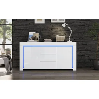 QQJIN Weiß Hochglanz Sideboard mit LED, 140 * 40 * 65cm Moderne Kommode mit 3 Schubladen,2 Türen, Sideboard mit Stauraum für Flure, Wohnzimmer, Büros, Küche,K