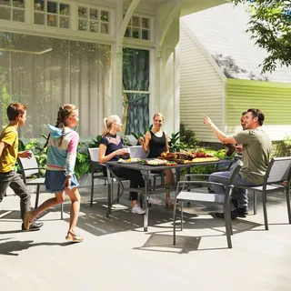 Gartentisch Stahl 150x90 cm Wetterfest Balkontisch mit Schirmloch, Lamellen-Design Buffettisch Campingtisch für 6 Personen Terrassentisch Outdoor Esstisch für Garten, Terrasse Balkon Schwarz |