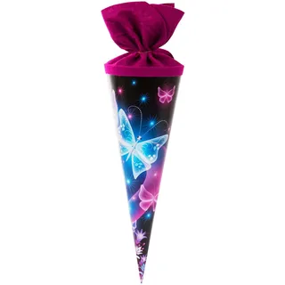 goldbuch 93 062 Geschwistertüte Schmetterlinge, Schultüte mit Schmetterlingsmotiv, Lackkarton, Geschenkverpackung, pinker Filzverschluss (ohne Verschlussband), Zuckertüte rund, Länge 35 cm, Ø 11,5 cm