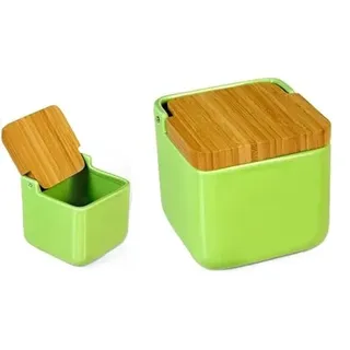 DONREGALOWEB Quadratischer Salzstreuer aus Keramik mit Holzdeckel in Grün dekoriert.