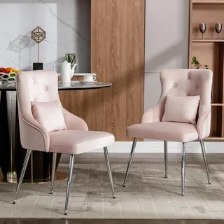 Ball & Cast Samt Esszimmerstühle (2er Set), Wohnzimmerstühle mit Knopfmuster und Metallbeinen, Esszimmerstuhl mit Bequemer Rückenlehne, Rosa