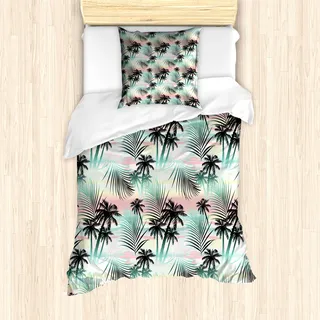 ABAKUHAUS Hawaii Mantele, Sommer Palmen Farn, Milbensicher Allergiker geeignet mit Kissenbezügen, 135 cm x 200 cm - 80 x 80 cm, Mehrfarbig