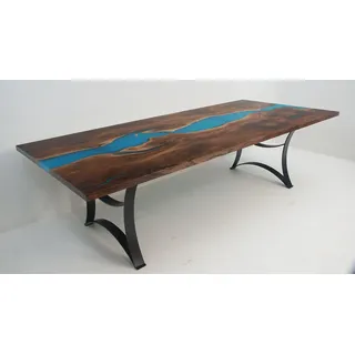 esstisch tische epoxid harz echtes holz massive möbel epoxy tisch wasserfall neu - Braun, Blau