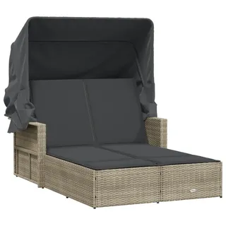 vidaXL Doppel-Sonnenliege mit Dach und Auflagen Hellgrau Poly Rattan - Grau