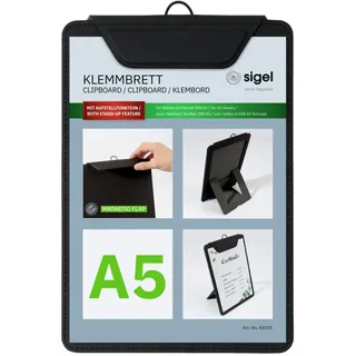 Sigel KB101 Klemmbrett A5, schwarz, mit Aufstellfunktion, stabiles, stylisches Clipboard mit edler Leinenstruktur, strapazierfähig und leicht abwischbar, für Speisekarten