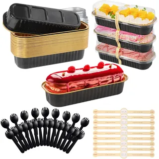 Jogoico Mini Kuchenform mit Deckel & Löffel 30 Stk. Mini Kastenform Kuchen Aluminiumfolie Muffinförmchen 200ml Rechteckige Backformen Aluminium Cupcake Behälter für Brot Kuchen Dessert Schwarz