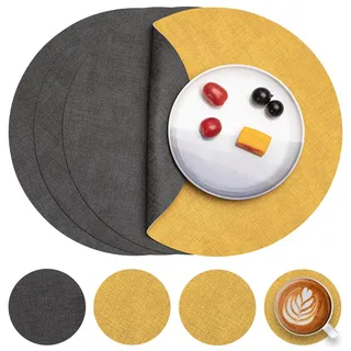 Myir JUN Tischsets abwaschbar Leder und Untersetzer doppelseitig Platzset | Platzset Rund Ø 36cm 4er Set rutschfest Glasuntersetzer Platzdeckchen Kunstleder Tischset (Grau Gelb, 4er Set)