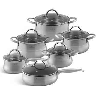 EDENBERG Topfset,Kochtopfset,Pfanne,Kasserolle 12-tlg Glasdeckel,Edelstahl, Kochgeschirr Set, Topfset induktionsgeeignet EB-2420 - Silber