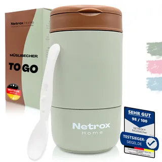 NetroxHome - Müslibecher To Go mit Löffel, Auslaufsicherer Joghurtbecher To Go aus Edelstahl, Lunchbox, Müslibecher - To Go Becher für Müsli, Joghurt, Porridge, Suppen - Müsli To Go Becher - Kinder