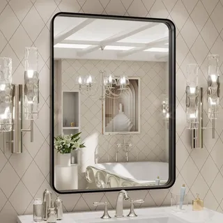 LOAAO 61 x 81 cm schwarzer Badezimmerspiegel mit Metallrahmen für Wand, Mattschwarz, Badezimmer-Schminkspiegel, Bauernhaus, großer Abgerundeter rechteckiger Spiegel, rostfrei, gehärtetes Glas, zum