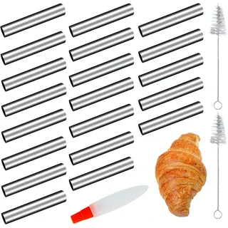 20 Stück Schaumrollenformen klein, Edelstahl Cannoli Backform Set mit Reinigungsbürst Antihaft Gerade Cannoli Röhrchen für Creme Rollen Sahnehorn Croissant Hörnchen (12.5 x 2cm)