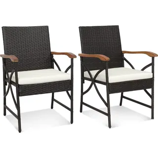 COSTWAY 2er Rattan Stühle Set, Polyrattan Gartenstuhl Holz, Gartensessehl mit Sitzkissen, Rattansessel Gartenstühle für Outdoor Terrasen Balkon Garten (X Design, 62 x 56 x 89 cm) - Braun, Weiß