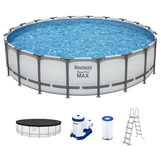 Bestway® Steel Pro MAX™ Frame Pool Komplett-Set mit Filterpumpe Ø 610 x 132 cm, lichtgrau, rund - Grau, Weiß