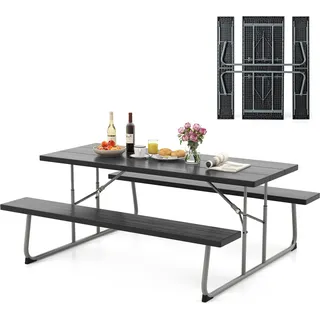 COSTWAY Bierzeltgarnitur klappbar, 183cm Biertischgarnitur mit HDPE-Tischplatte, Schirmloch & Metallrahmen, Sitzgarnitur, Schwarz - Schwarz