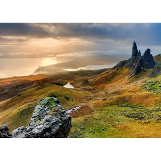 Rasch Tapete 862416 - Fototapete auf Vlies mit Blick auf eine Landschaft in Grün, Grau und Orange aus der Kollektion Magicwalls - 2,65 m x 3,71 m (LxB)