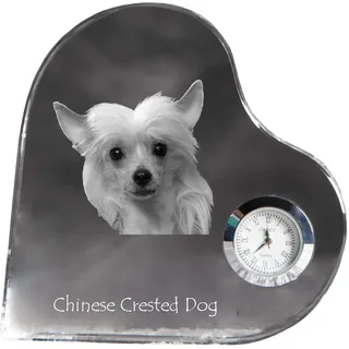 Chinesischer Schopfhund - Kristalluhr mit einem Hundebild, Herzregal-Uhr, personalisierte Standuhr der Marke Art-Dog - Transparent
