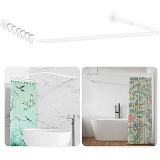 Duschvorhangstange U Form/L Form, [60-92] × [78-196] × [60-92] cm Verstellbare Duschstange Ecke mit 12 Vorhangringen & Deckenstütze für Badewanne/Badezimmer, Bohr-Montage Erforderlich, Weiß