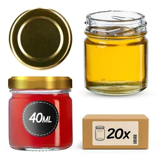 KADAX 20st Mini Gläser 40 ml mit Schraubdeckel fi 43mm, Einmachglas, Gewürzgläser mit Deckel, Sturzglas, Probiergläser, Marmeladengläser, kleine Honiggläser (20 Stück, Gold Deckel)