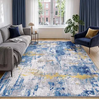 INOVADAY Abstrakt Waschbarer Teppich 150x210 cm Blau/Gold | Teppich Wohnzimmer, Teppich Waschbar, Schlafzimmer, Esszimmer, Büro, Moderne Minimalistische, Kurzflor Weich Rutschfest, OEKO