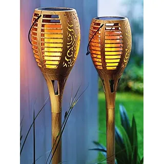 SONNENKERZE SOLAR-GARTENSTECKER FLAME, 2ER-SET BAMBUS-OPTIK XXL, 3 IN 1 FUNKTION: GARTENFACKEL, HÄNGELEUCHTE, TISCHLEUCHTE MIT LED FLAMMEN-EFFEKTBELEUCHTUNG